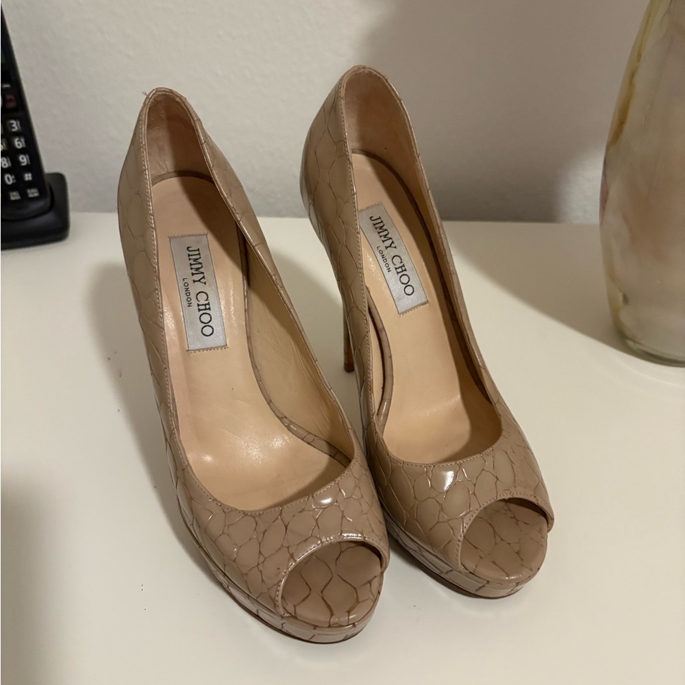 Jimmy Choo Nude Patent Peep-Toe Pumps